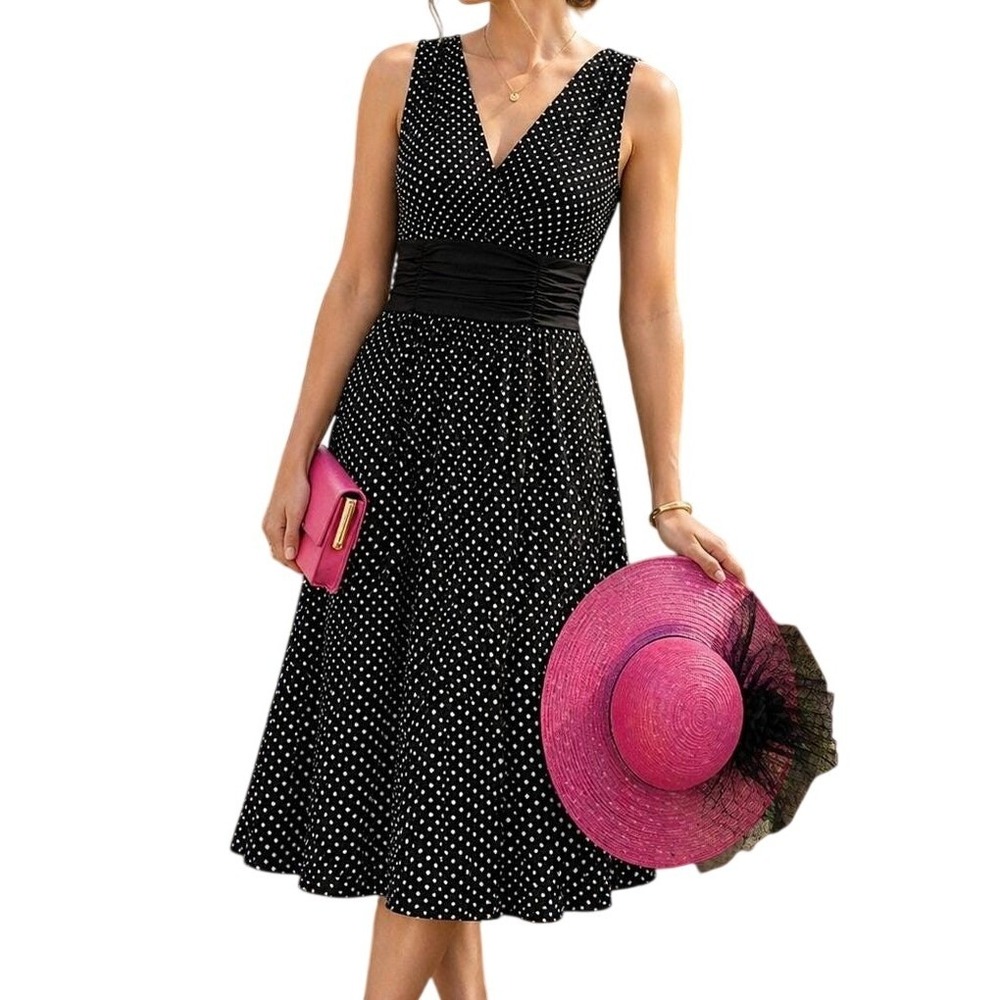 Vintage‎ Kupcake Polka Dot Midi Dress M Ruched Waist Tea Dress Parisian Chic